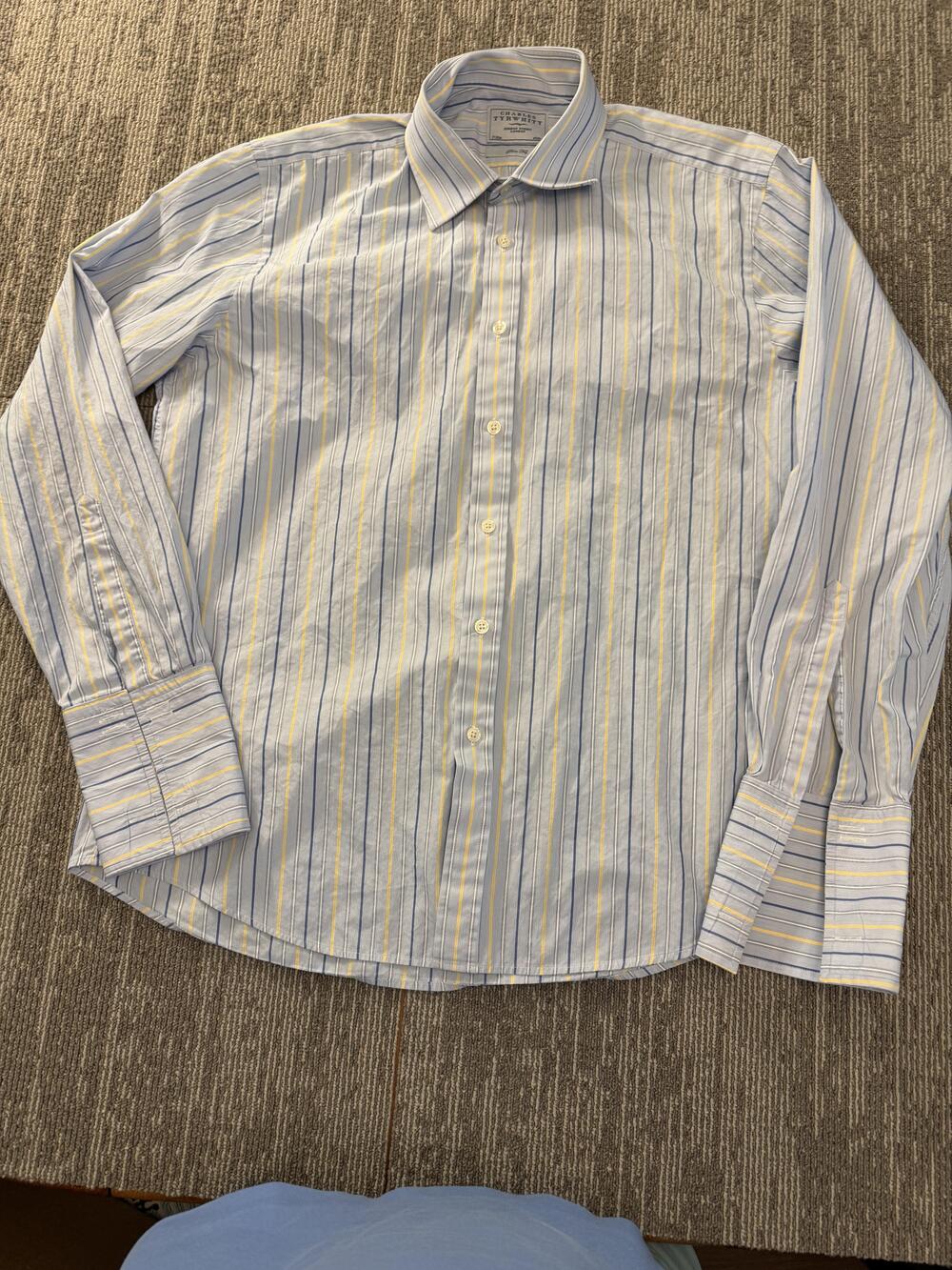 Charles Tyrwhitt Dress Shirt Mens 17/35 Blue Yellow Striped Slim Fit French Cuff